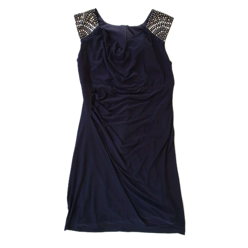 Sz 14W Navy Blue Draped Sleeveless Ruched Zipper Dress Embellished Rhinestone